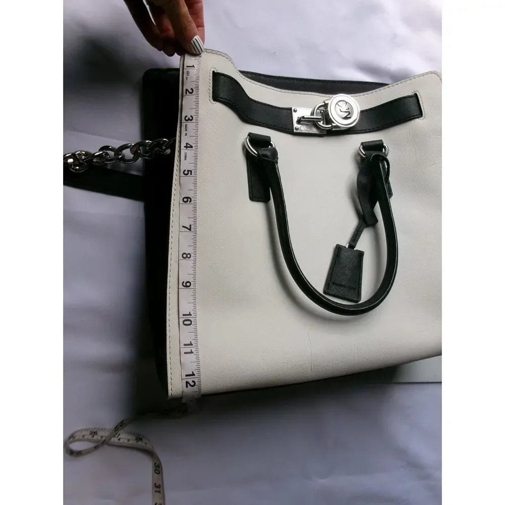 Michael Kors Hamilton Tote Bag Ivory Black Saffiano Chain Shoulder Satchel